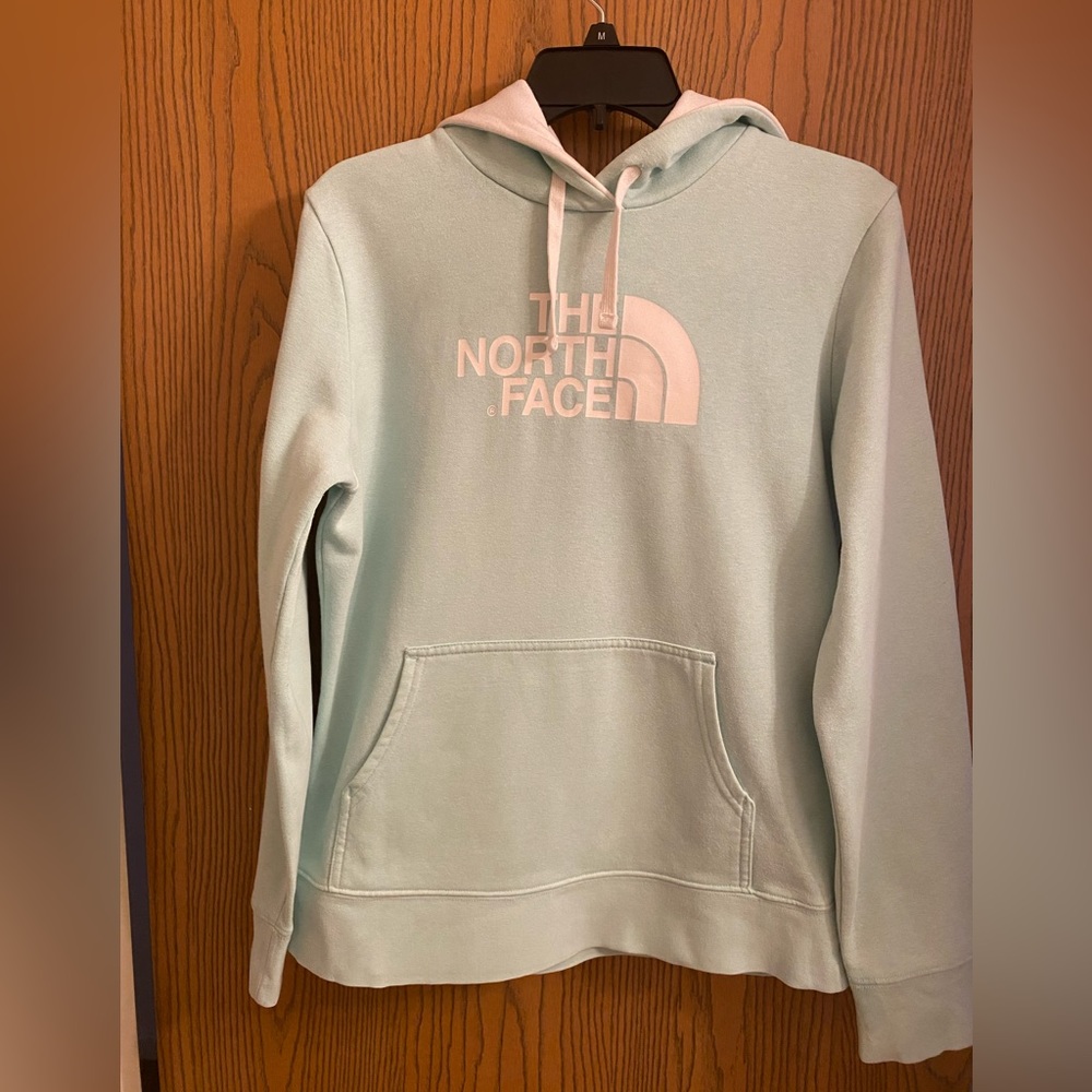 The North Face hooded sweatshirt pastel heathered mint and white, size Medium.